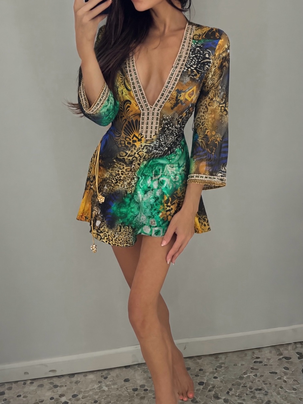 Becca Green & Gold Print V-Neck Long Sleeve Dress